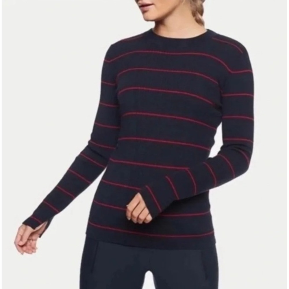 ATHLETA Bayside Merino Wool Blend Striped Ribbed Sweater Navy Red Sz M